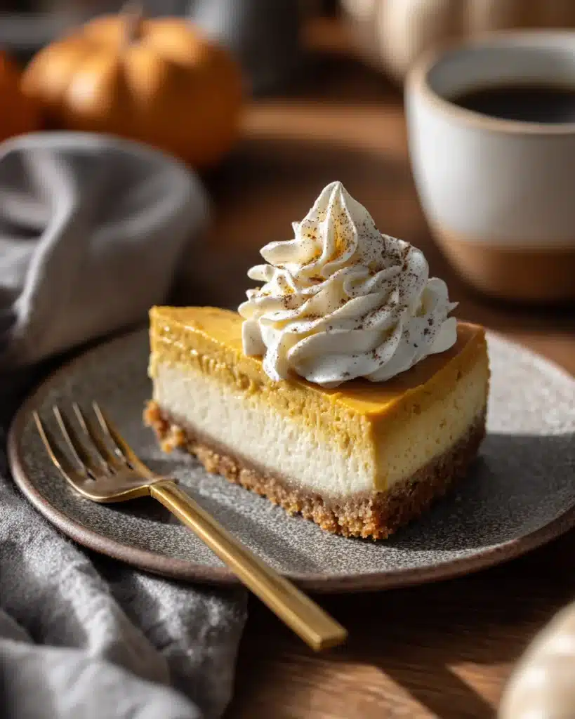 Slice of easy pumpkin pie cheesecake with whipped cream on a plate