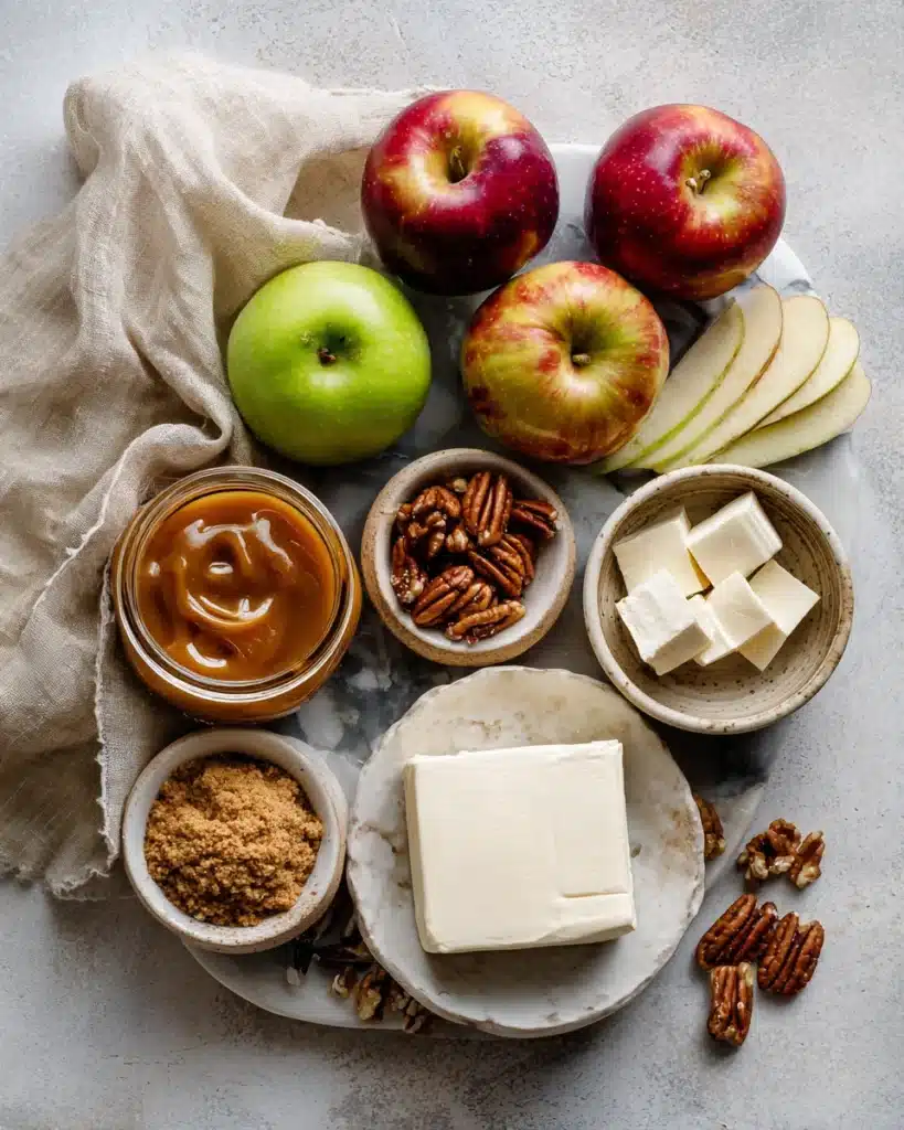 Easy Caramel Apple Cheesecake 3 Caramel apple cheesecake dip ingredients flat lay with apples, caramel, pecans, and cream cheese