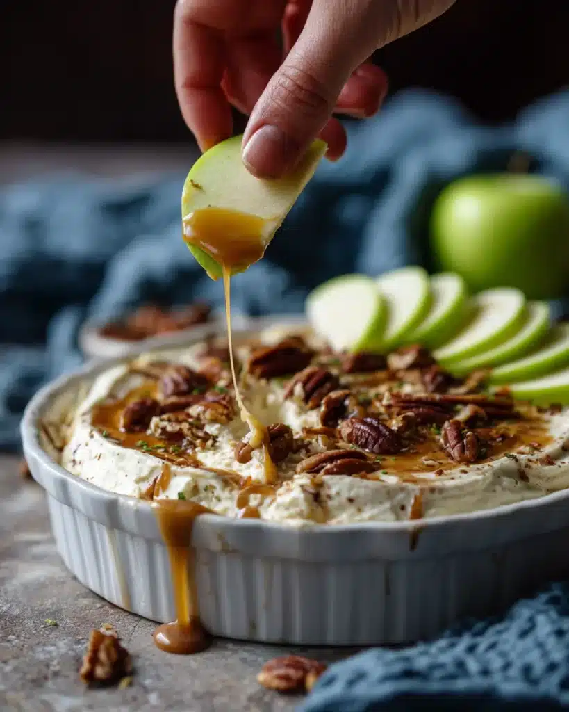 Easy Caramel Apple Cheesecake 4 Hand dipping green apple slice into caramel apple cheesecake dip