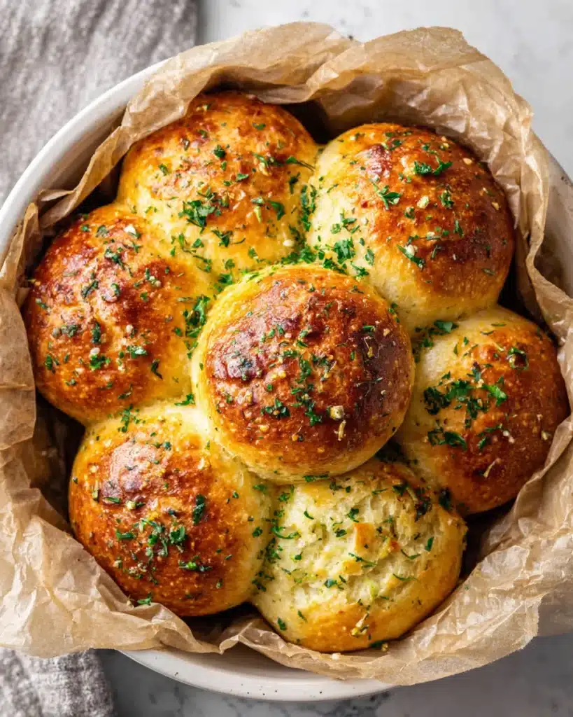 Keto garlic dinner rolls in round baking dish with golden tops and parsley