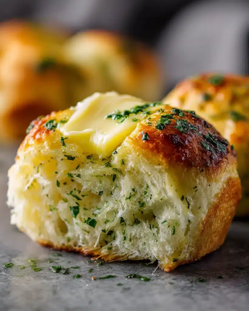 Golden keto roll sliced open with melting butter and parsley on top