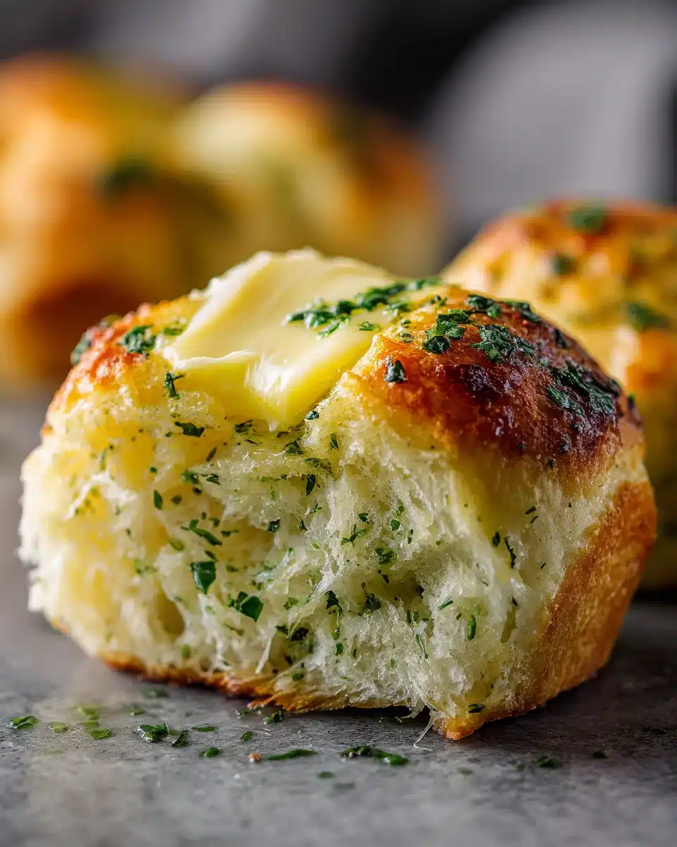 Golden keto roll sliced open with melting butter and parsley on top