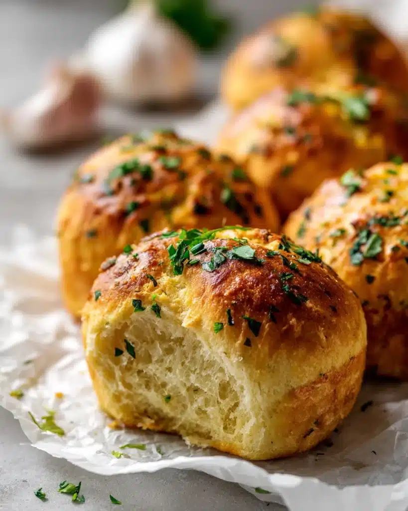 Freshly baked garlicky keto rolls with golden crust and parsley on parchment