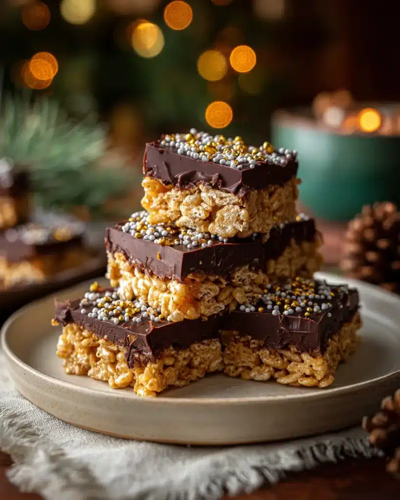 Chocolate-covered Mars Bar squares topped with festive sprinkles on a holiday dessert plate