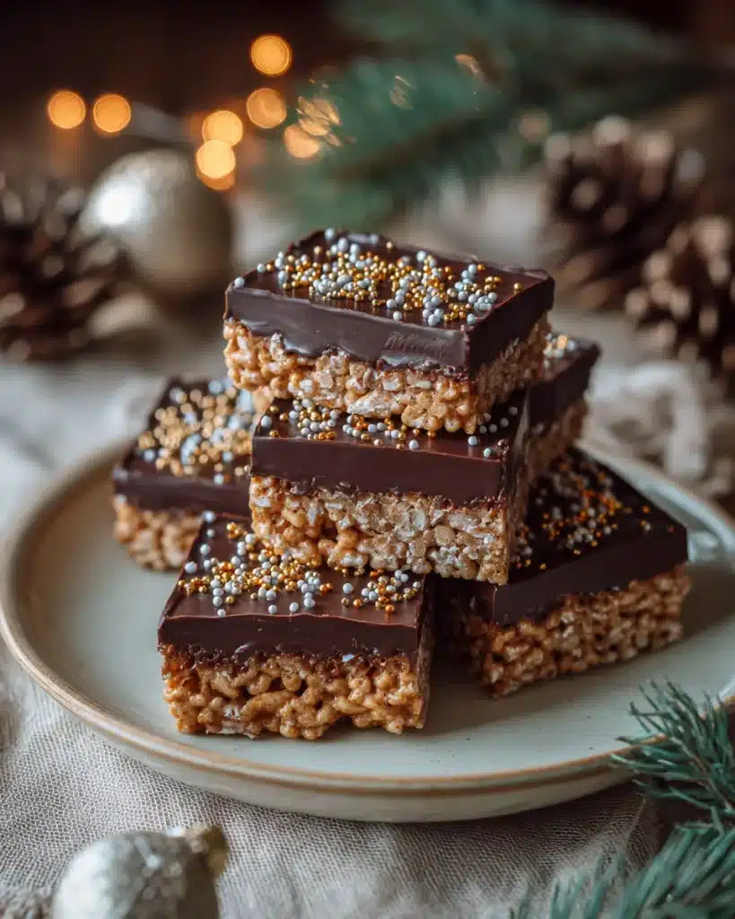 Mars Bar Holiday Squares stacked on a festive plate with chocolate topping and sprinkles