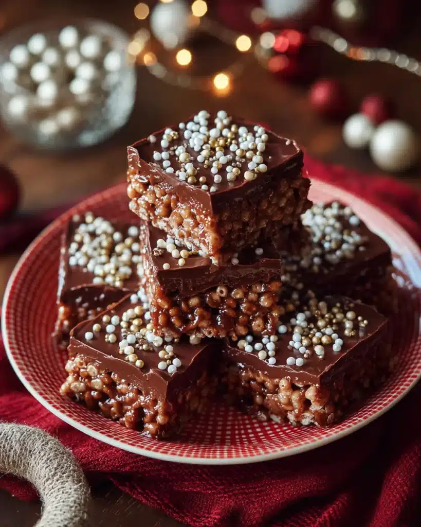 Top-down view of Mars Bar Holiday Squares with chocolate topping and holiday sprinkles
