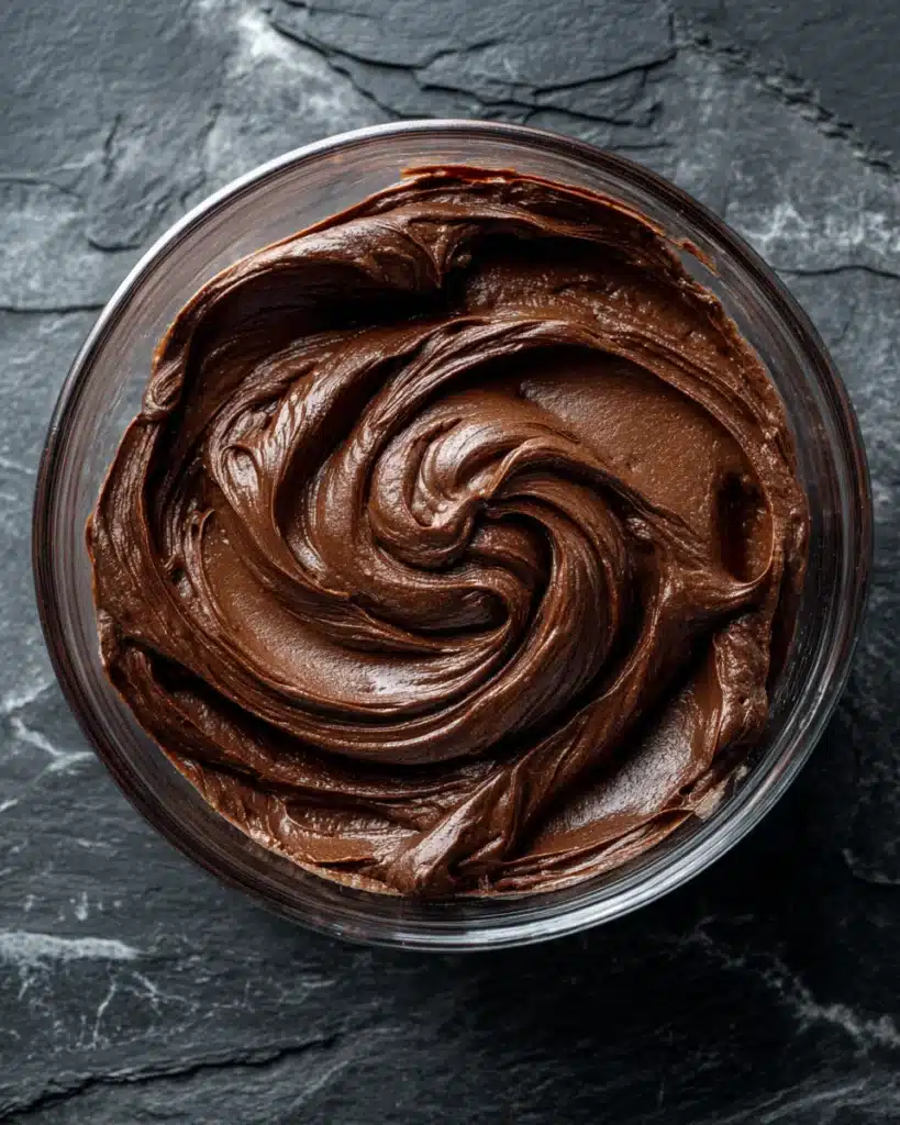 Glossy chocolate brownie batter in a glass mixing bowl for one bowl peppermint brownies