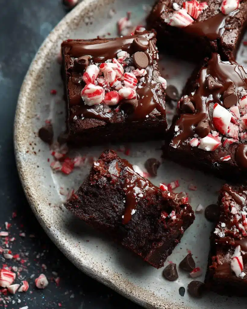 Fudgy one bowl peppermint brownies topped with chocolate ganache and crushed candy canes