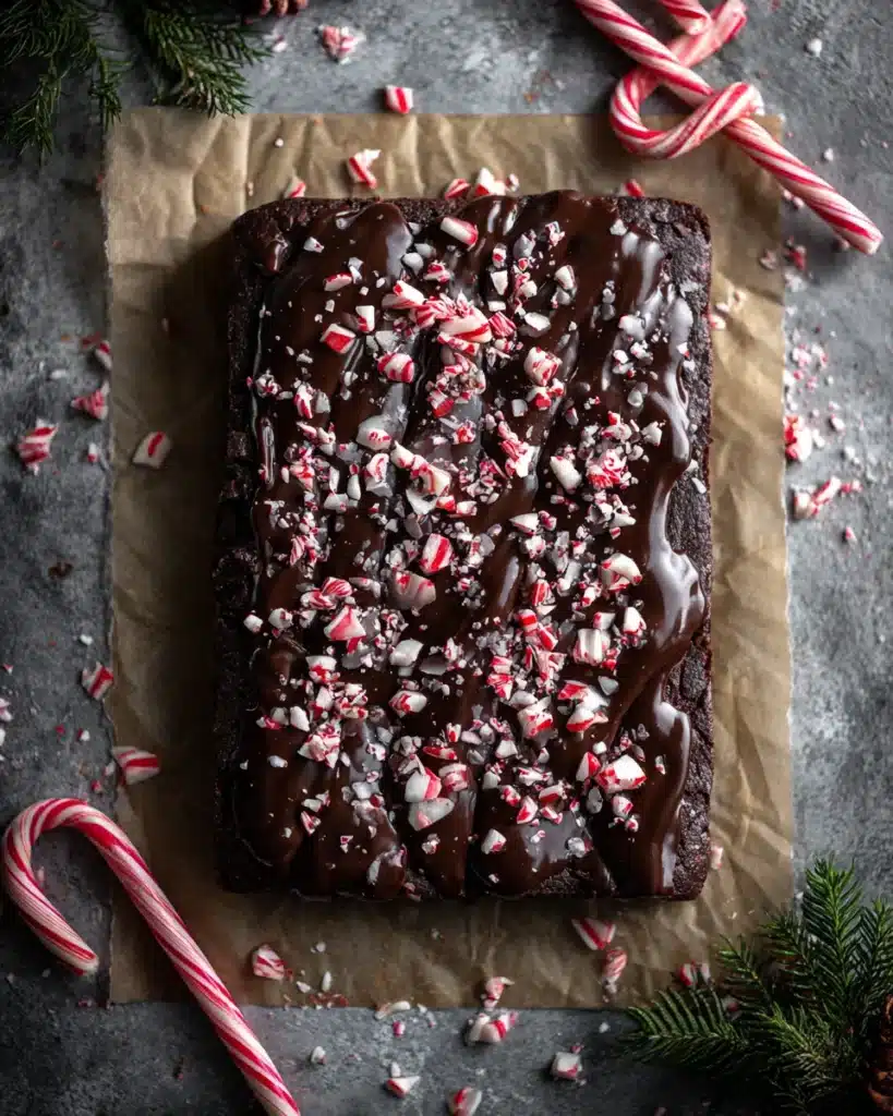 Full tray of one bowl peppermint brownies topped with ganache and crushed candy canes