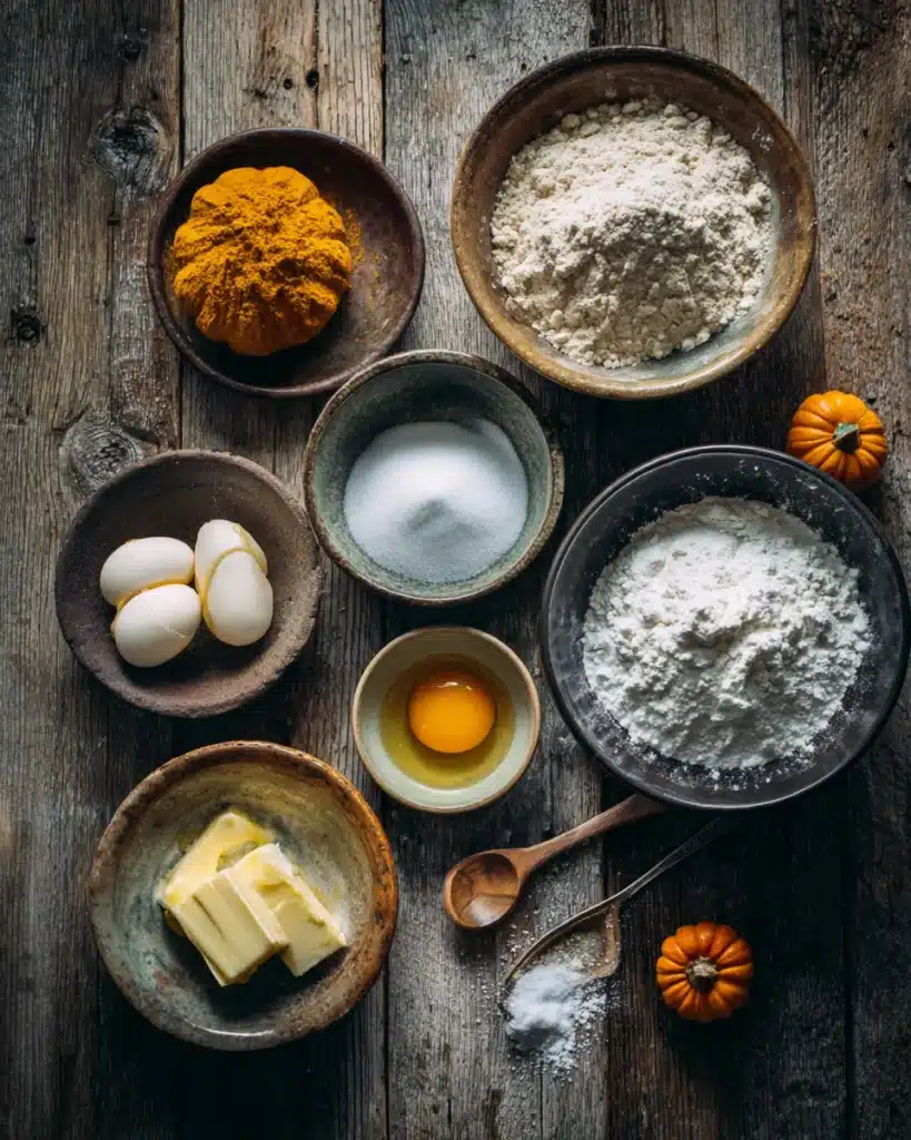 Pumpkin pie cookie ingredients in bowls including flour, sugar, butter, egg yolk, and vanilla.