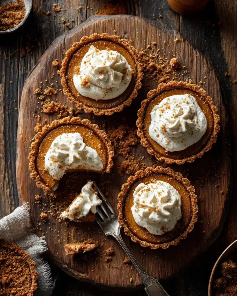 Pumpkin pie cookie on wooden board cut with fork showing crust, filling, and whipped cream.