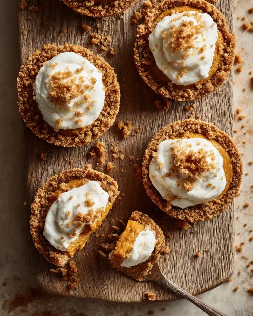 Pumpkin pie cookie cut with fork showing crumbly crust, creamy filling, and whipped cream.