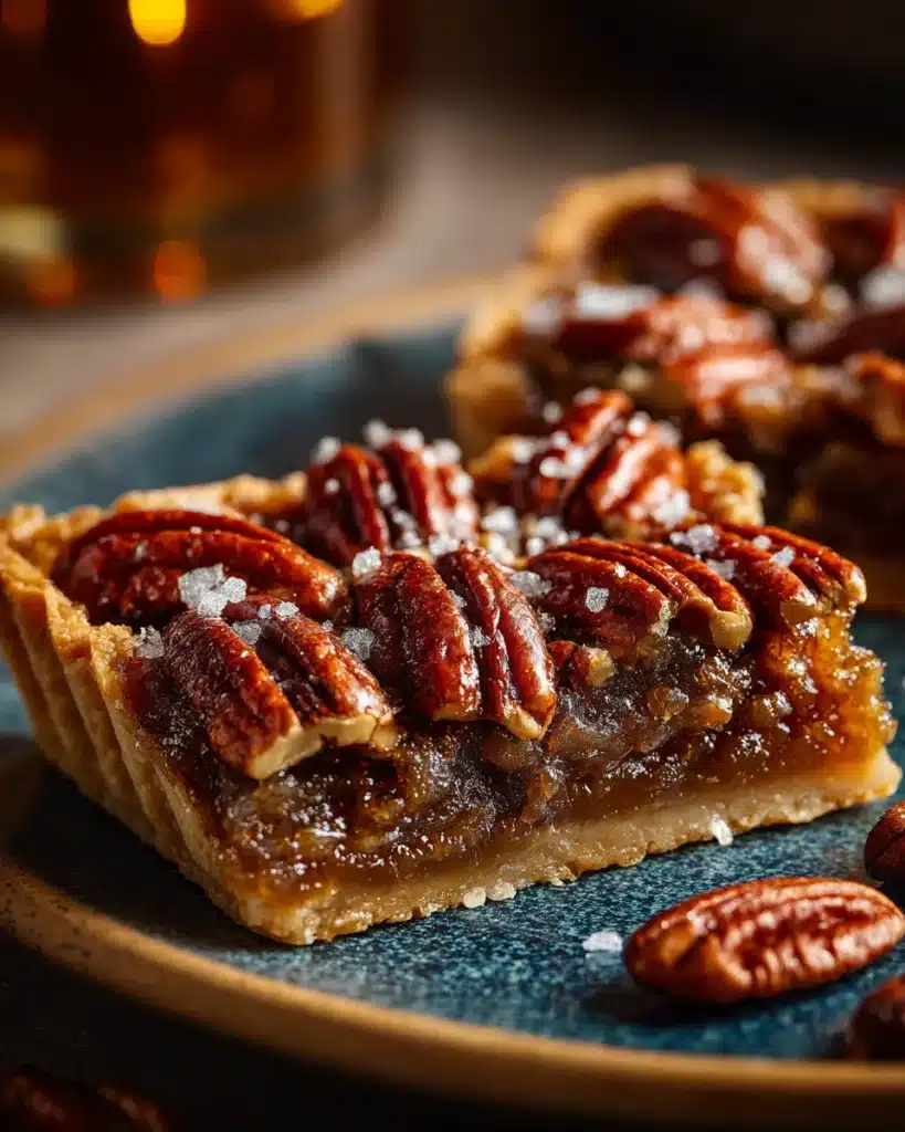 Close-up of salted maple pecan pie bar with glossy pecans and flaky salt