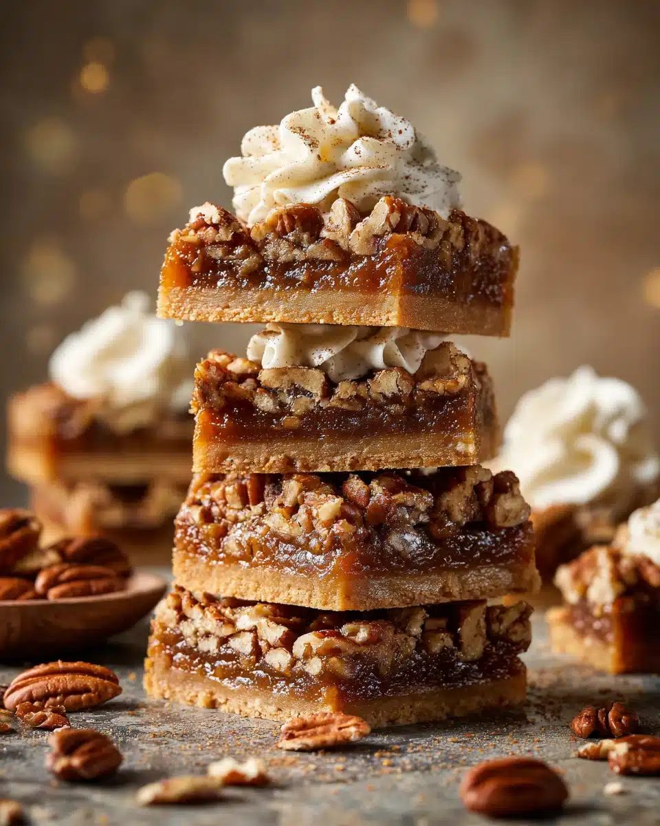 Stack of salted maple pecan pie bars topped with whipped cream on a rustic background