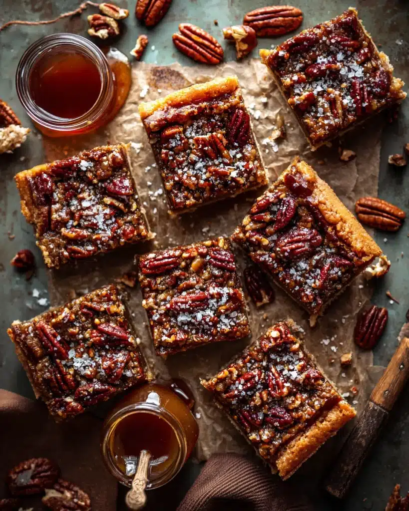 Salted maple pecan pie bars cut into squares on a rustic surface with pecans