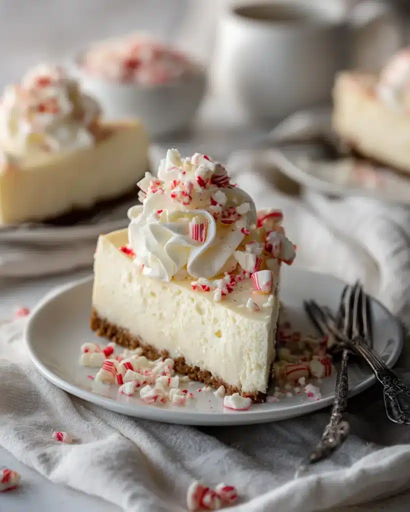 Slice of white chocolate peppermint cheesecake with whipped cream and candy cane topping