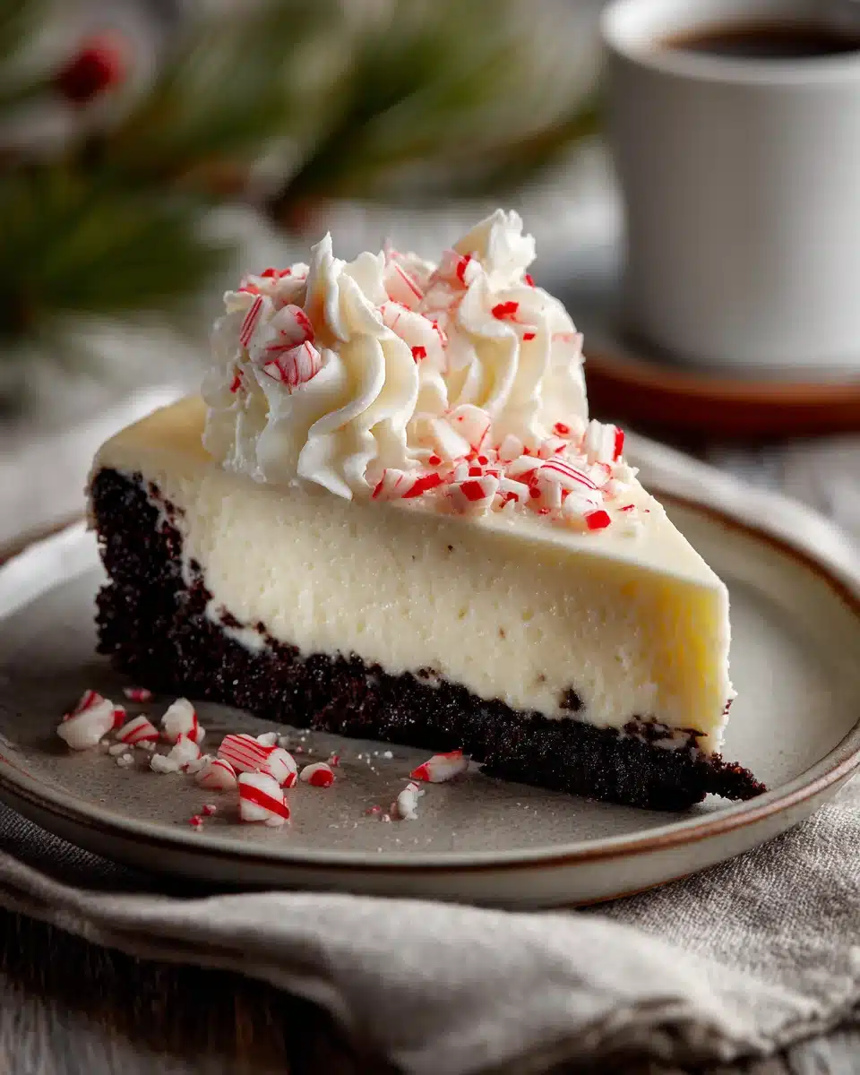 White chocolate peppermint cheesecake slice with whipped cream and candy cane topping