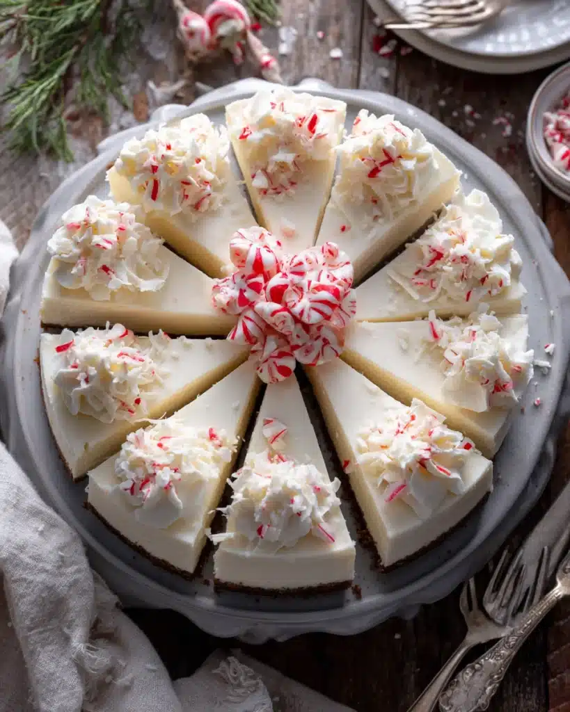 Top-down view of white chocolate peppermint cheesecake with whipped cream and peppermint candy topping