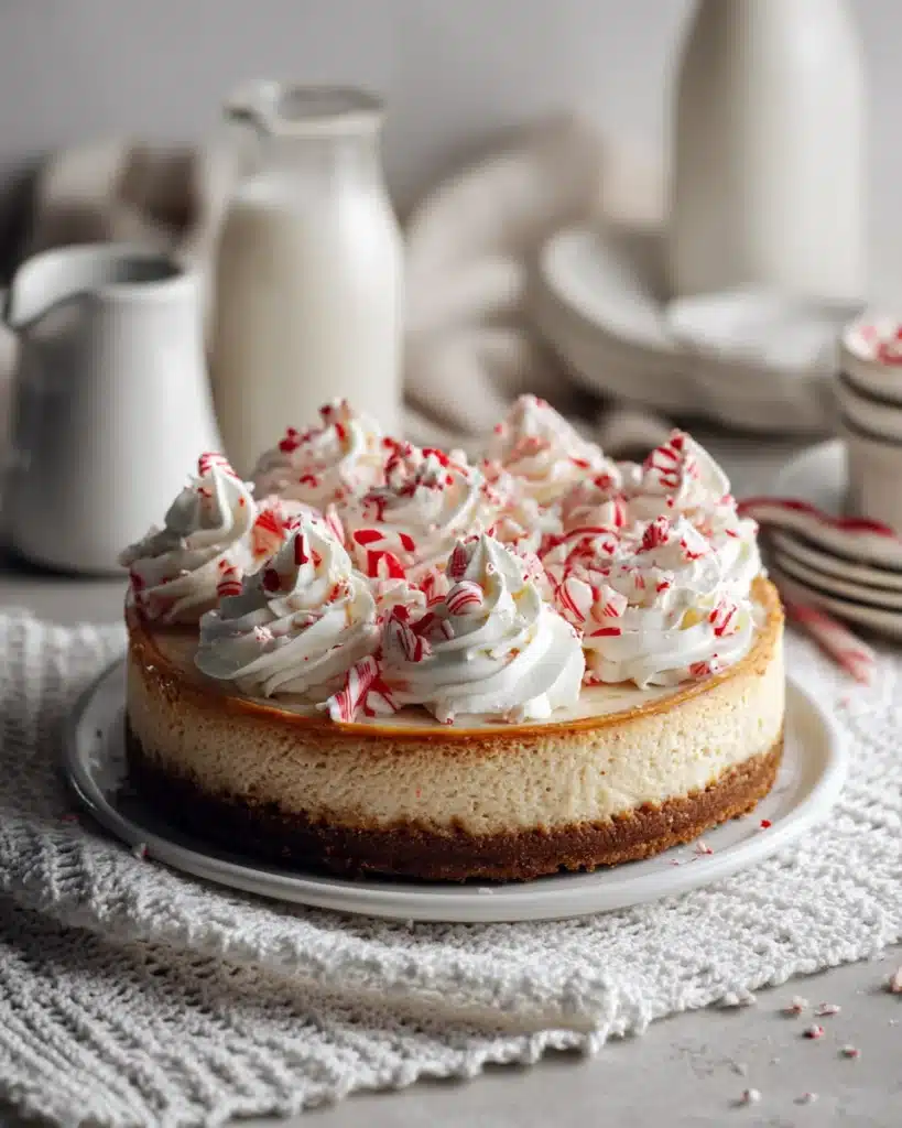 Whole white chocolate peppermint cheesecake with whipped cream and Hood sour cream in background