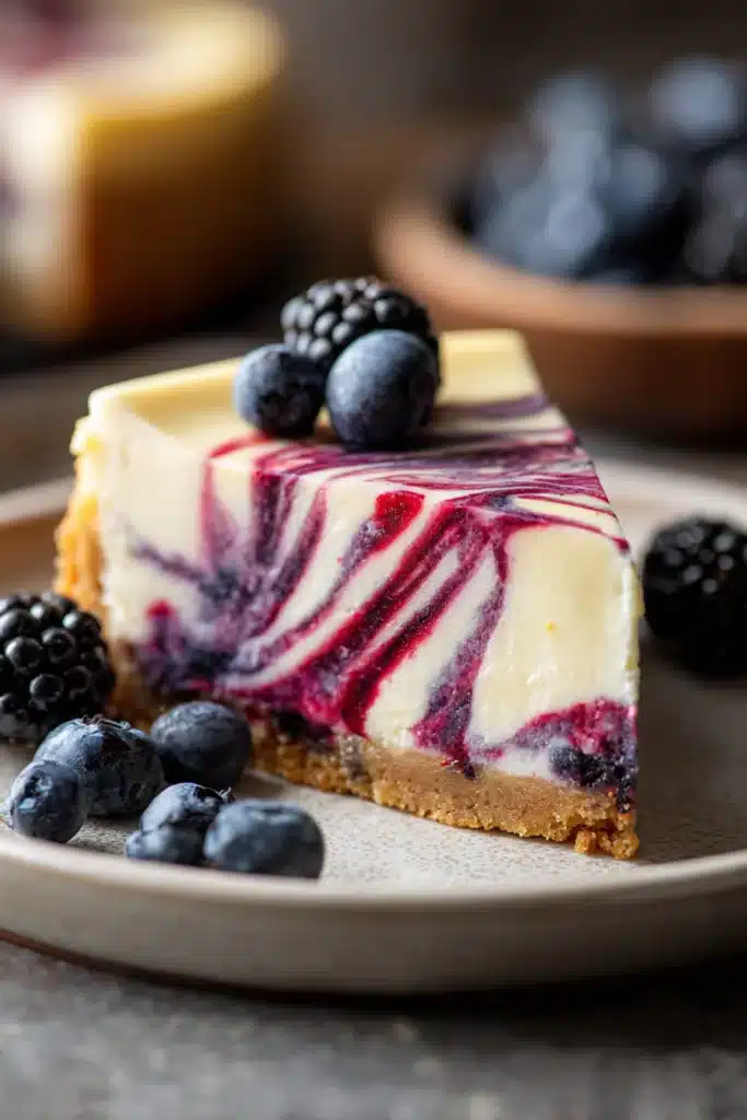 4th of July Swirl Pie slice with creamy red white and blue filling and berry topping