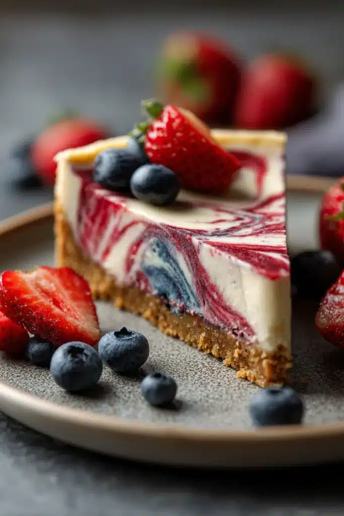 4th of July swirl pie slice with red white and blue creamy filling and berry topping