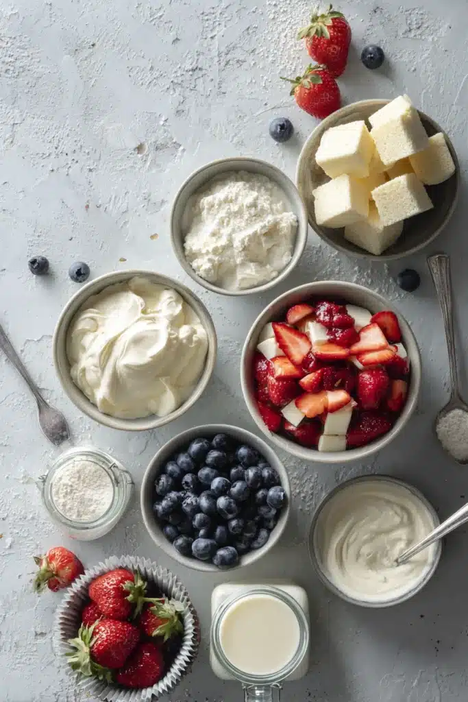 4th of July Trifle ingredients with strawberries blueberries and cream