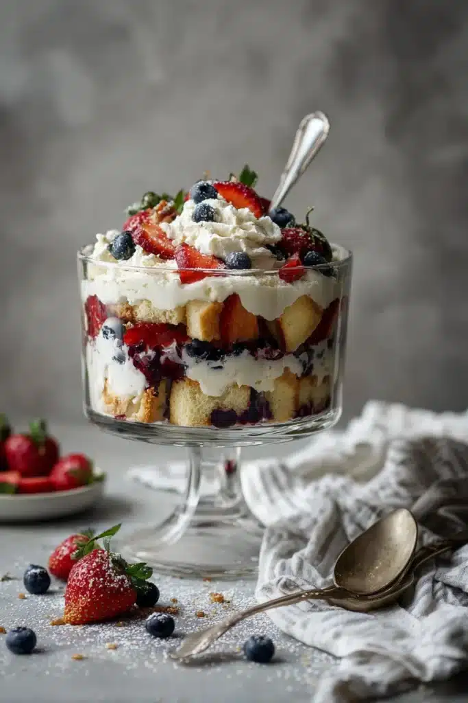 4th of July trifle with strawberries blueberries and cream layers