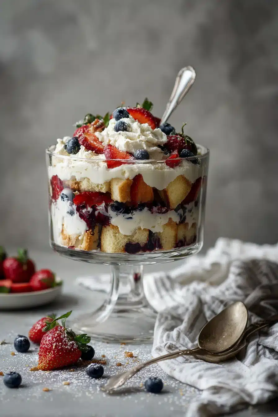 4th of July trifle with strawberries blueberries and cream layers
