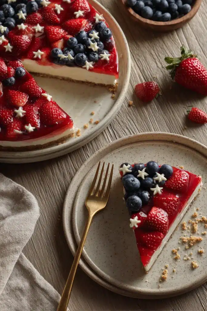 American Flag Cake No-Bake Cheesecake with cherry and blueberry topping in baking dish