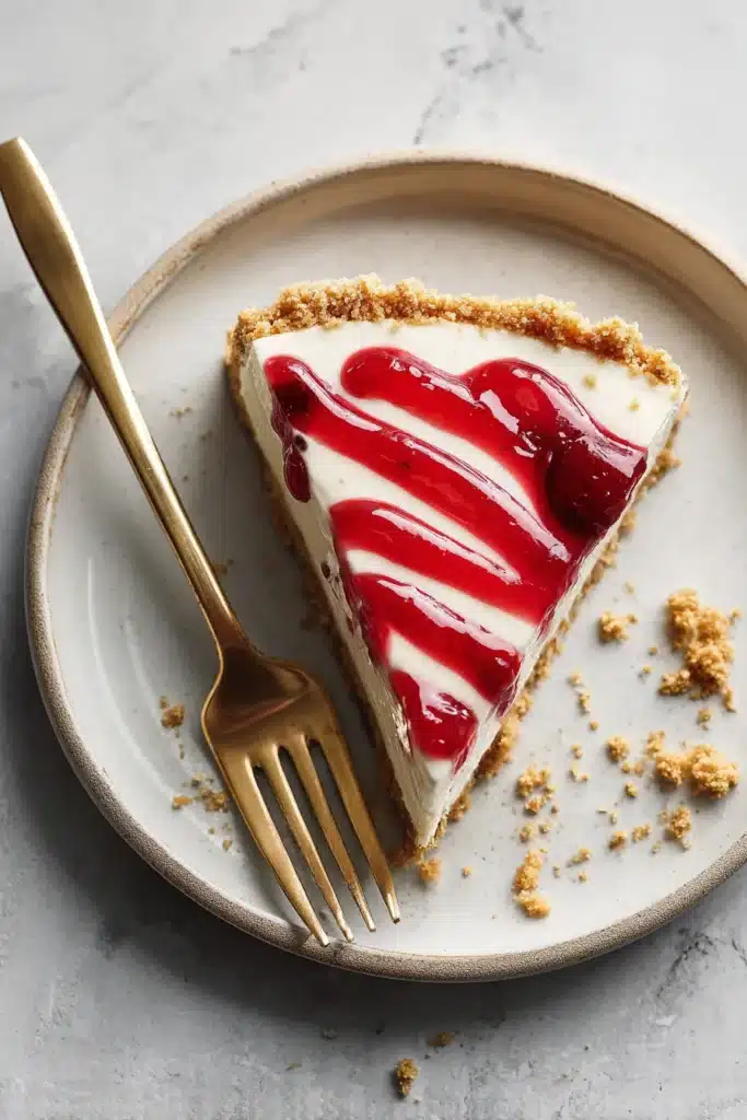 American flag cheesecake slice with cherry topping and graham crust