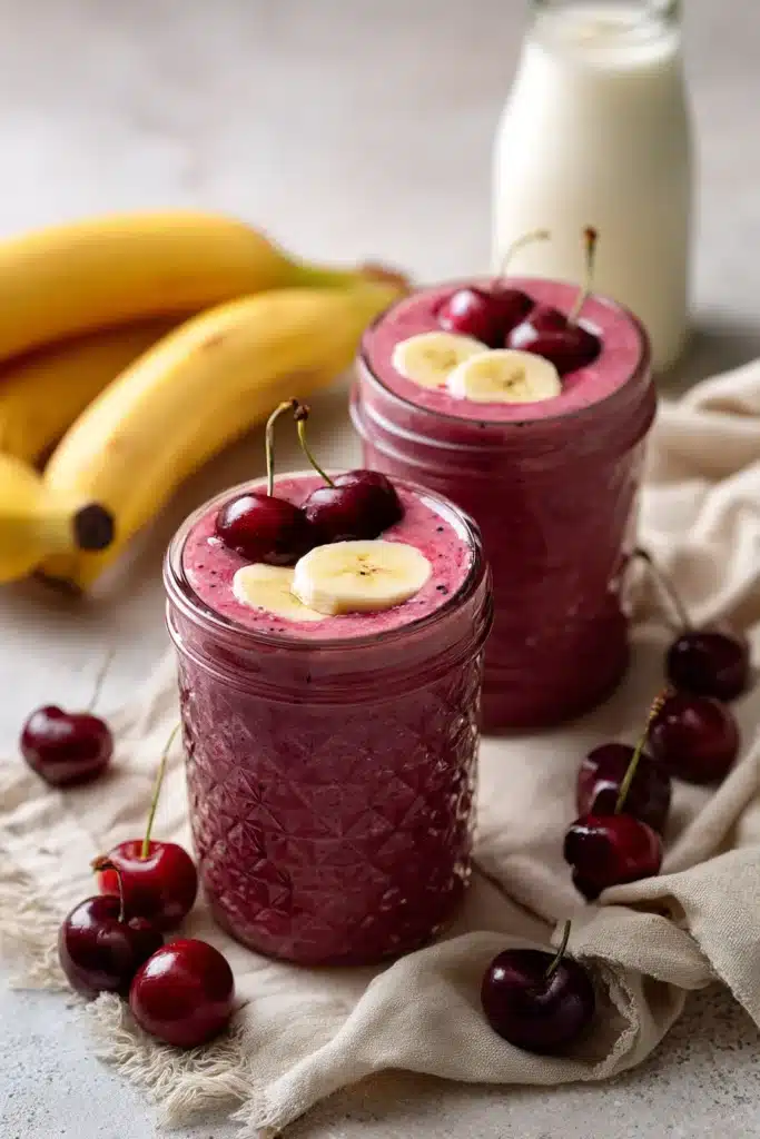 Banana Cherry Smoothie in glass jars topped with banana slices and fresh cherries