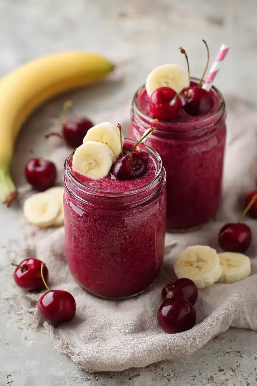 Banana Cherry Smoothie in glass jars topped with banana slices and fresh cherries