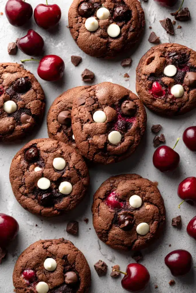 Black Forest cookies with chocolate chips and fresh cherries on light surface