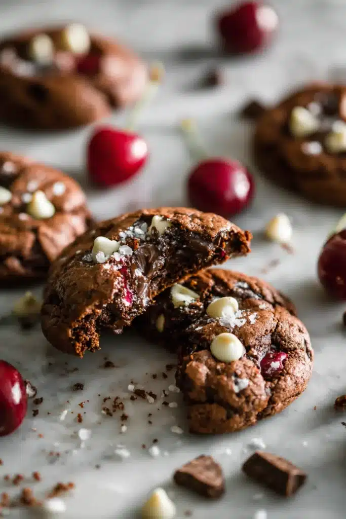 Black Forest cookies with chocolate chips and cherries, soft fudgy center