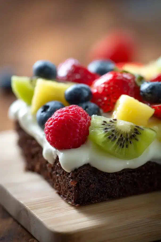 fruit topped chocolate brownie dessert with cream and fresh berries