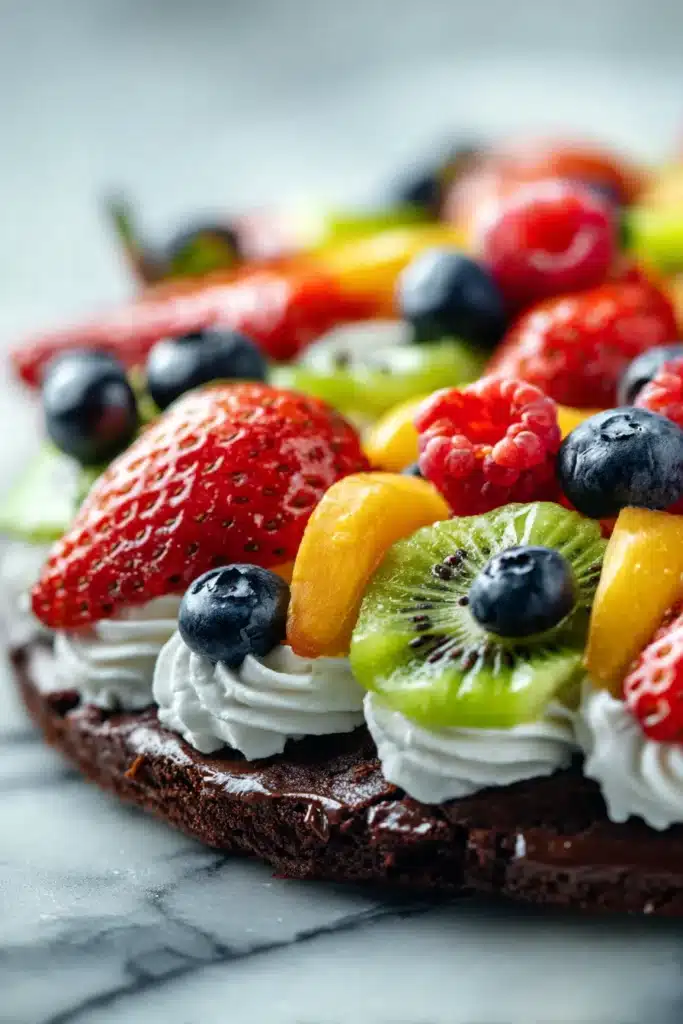 Brownie fruit pizza topped with strawberries blueberries kiwi and cream cheese frosting