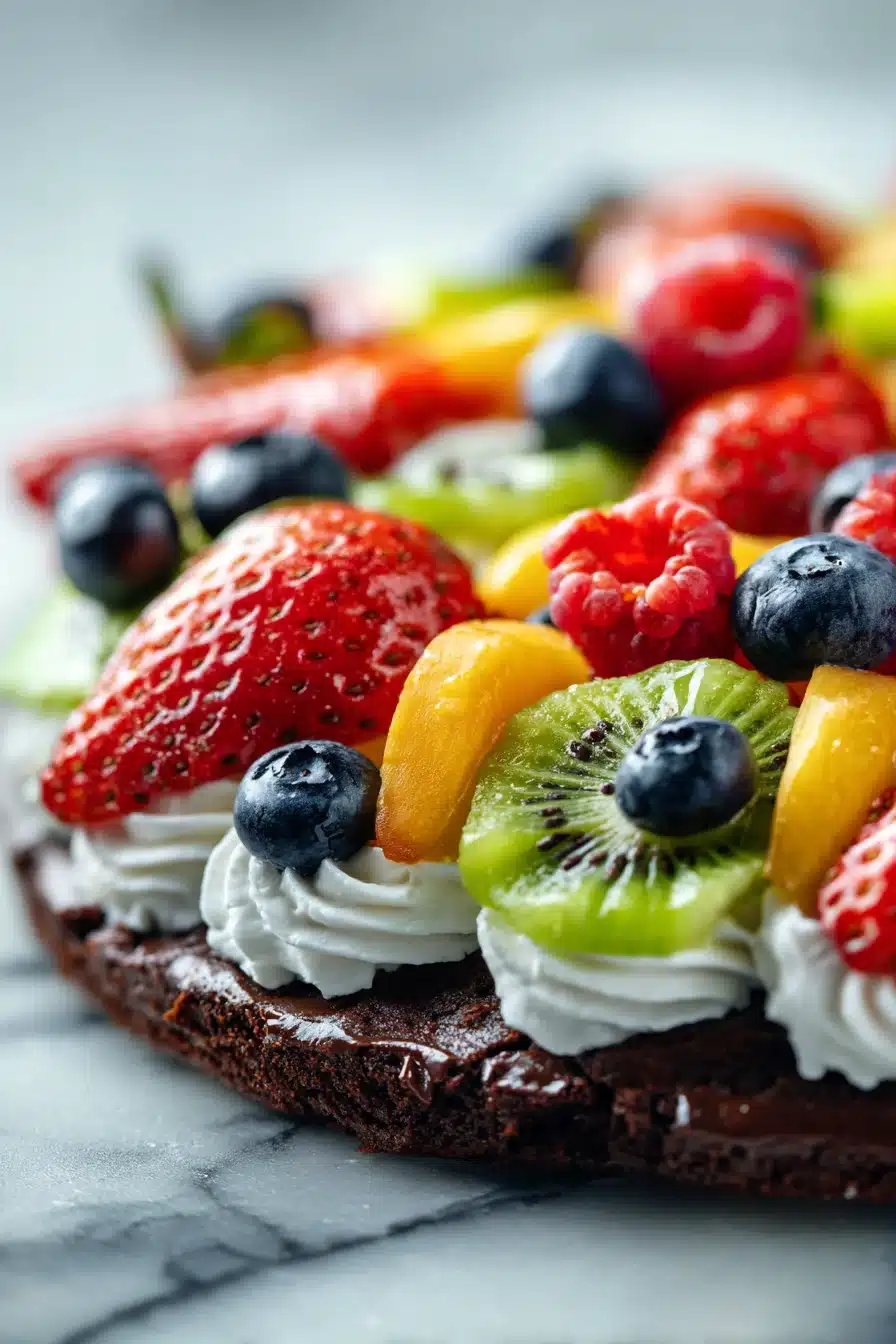Brownie fruit pizza topped with strawberries blueberries kiwi and cream cheese frosting