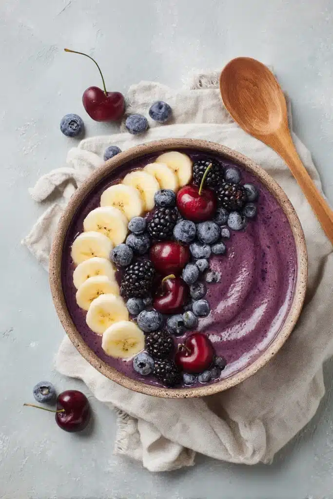 Cherry berry smoothie bowl with banana slices, blueberries, and blackberries on light background