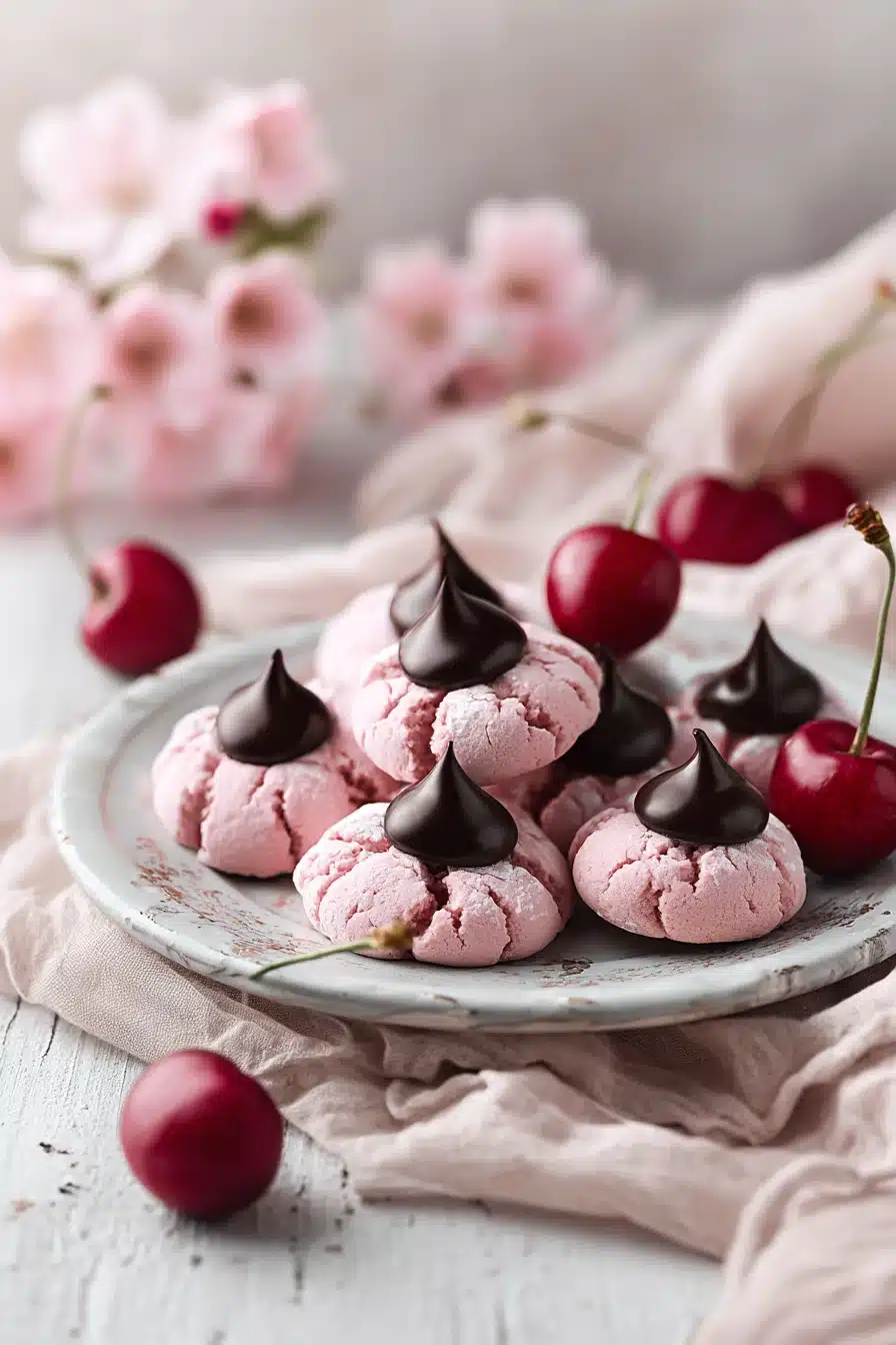 Cherry blossom cookies with chocolate centers and maraschino cherries on a decorative plate