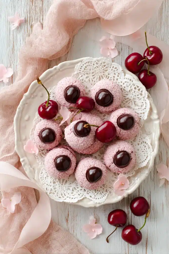 Top view of cherry blossom cookies with chocolate centers and glossy cherries on a white decorative plate