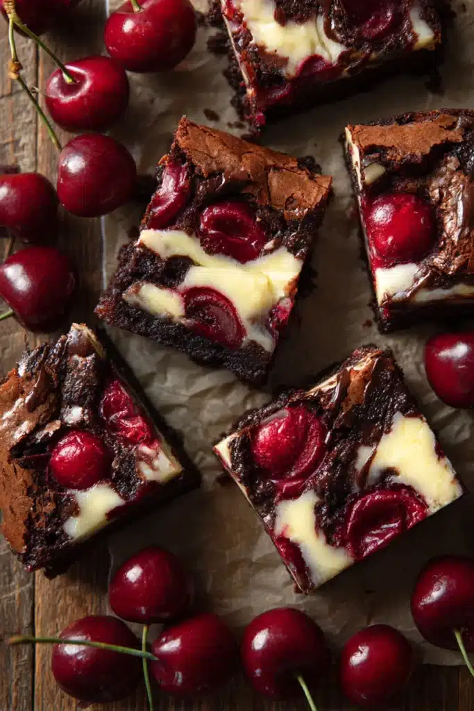 Cherry cheesecake brownie squares with fudgy chocolate, creamy cheesecake, and glossy cherry topping