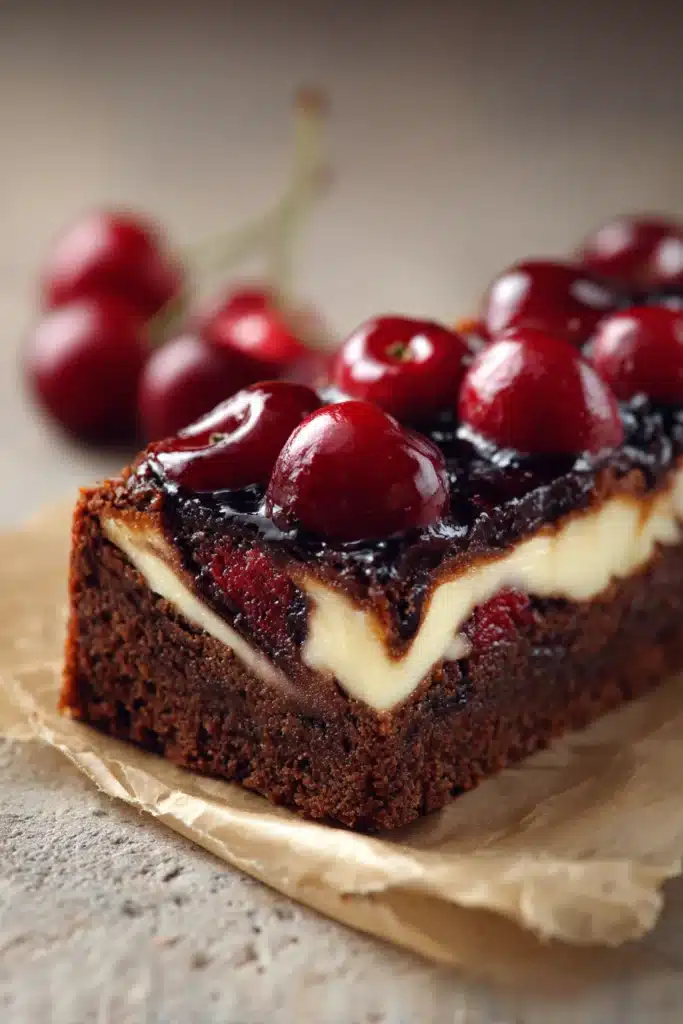 Cherry cheesecake brownie bars with chocolate swirls and glossy cherry topping