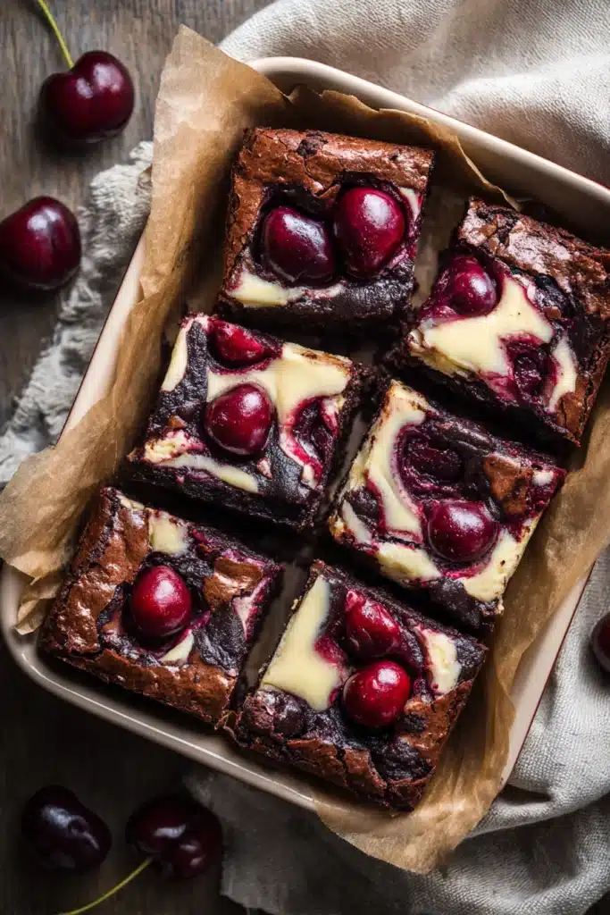 Cherry cheesecake brownies with fudgy chocolate, creamy cheesecake, and glossy cherry topping