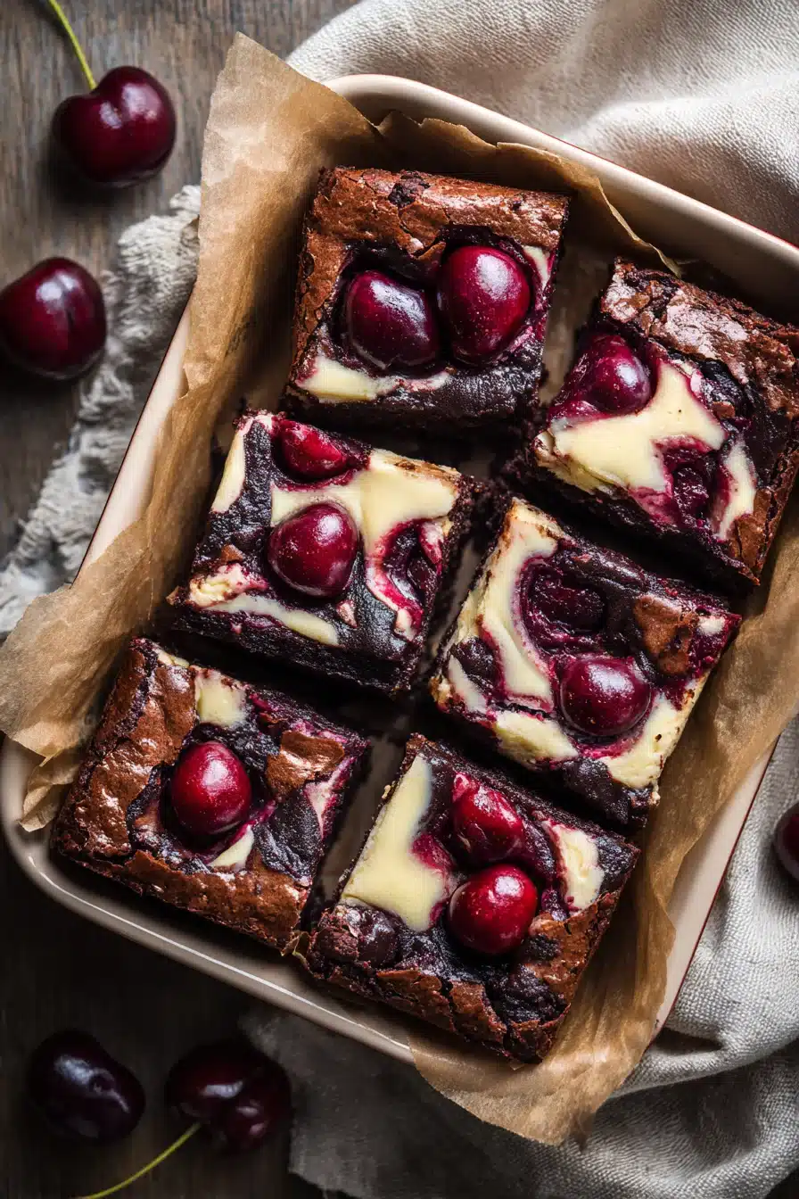 Cherry cheesecake brownies with fudgy chocolate, creamy cheesecake, and glossy cherry topping