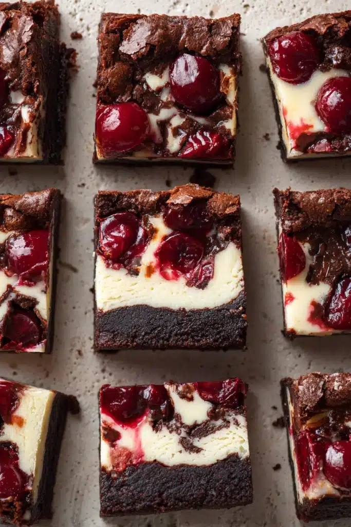 Cherry cheesecake brownies squares with chocolate swirl and glossy cherry topping