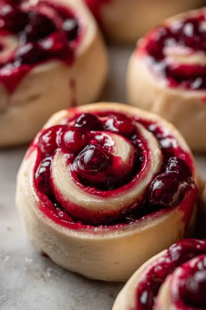 Raw cherry cinnamon rolls with glossy cherry filling swirled in soft dough