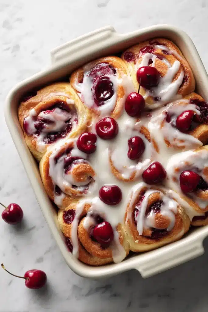 Cherry cinnamon rolls with creamy glaze and cherry filling