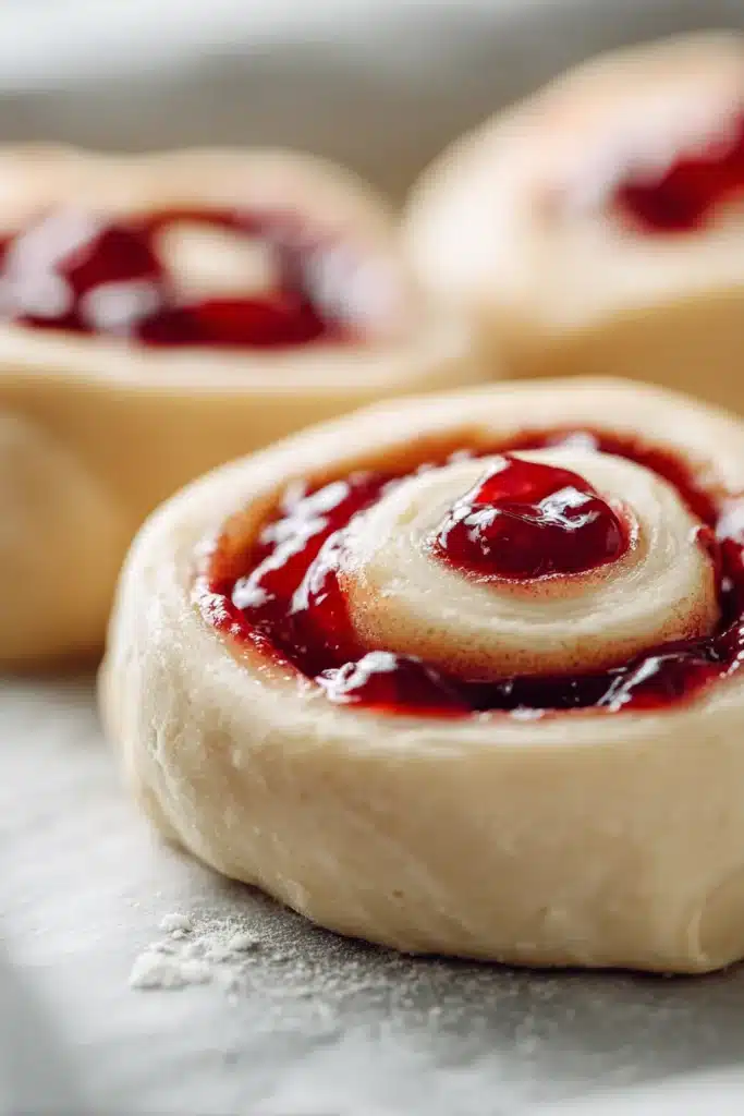 Raw cherry cinnamon rolls with glossy cherry filling and soft dough spiral