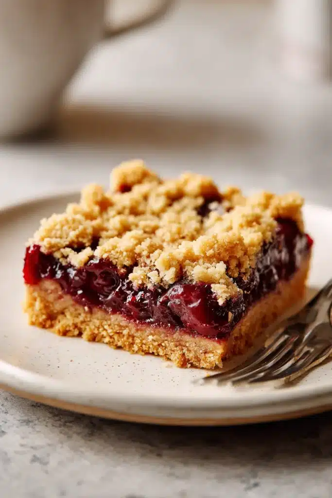 Cherry crumble bar with buttery crust and glossy cherry filling on plate