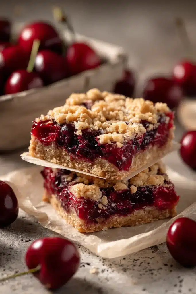 Cherry crumble bars with buttery crust and juicy cherry filling